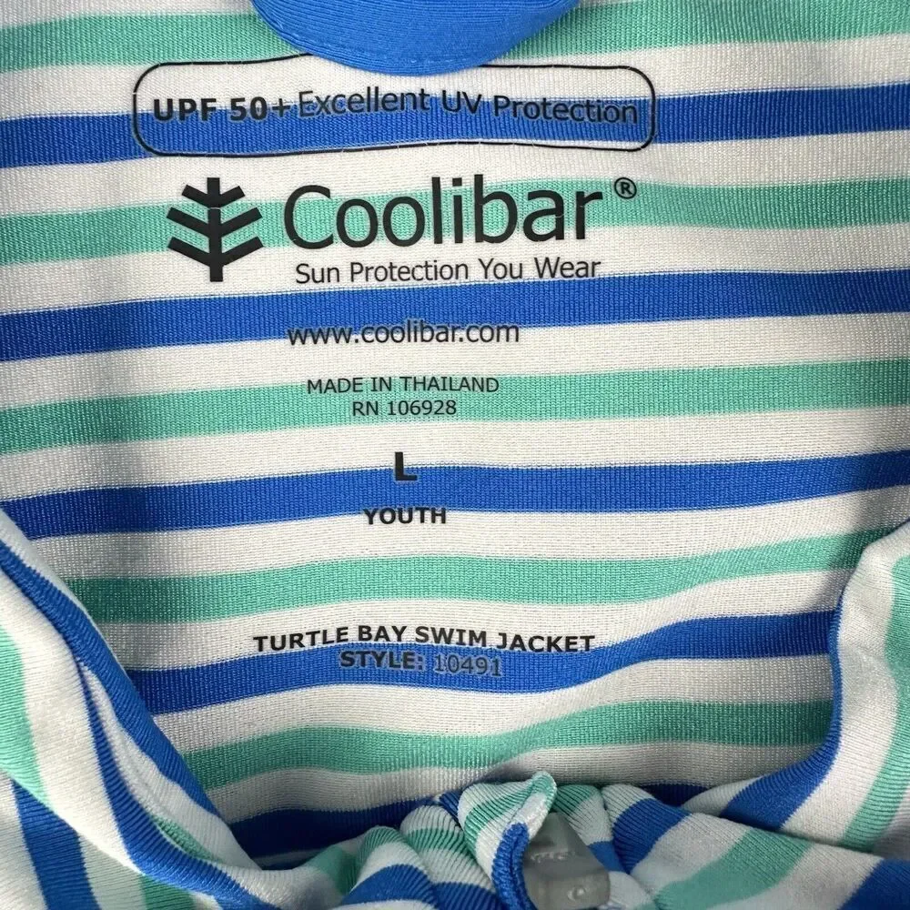 Coolibar Turtle Bay Swim Jacket Youth L Blue Green Striped Full Zip UPF 50+